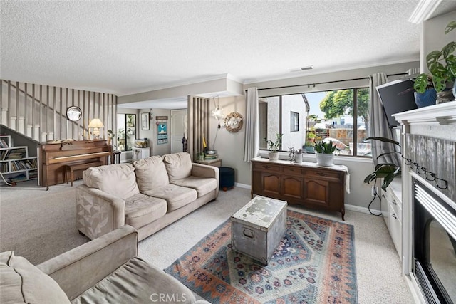1246 15th St, Los Osos, CA 93402 - carpeted living area with a textured ceiling and ornamental molding
