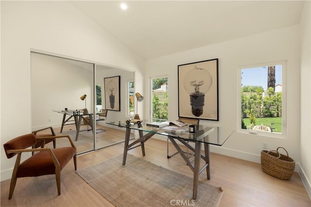 3499 San Rafael Cir, Costa Mesa, CA 92626 - office featuring light wood-style flooring, high vaulted ceiling, and recessed lighting