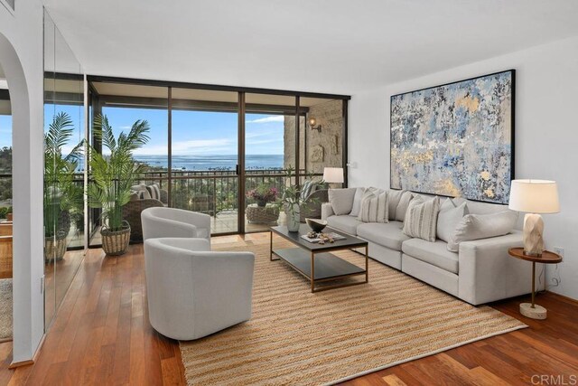 2500 Torrey Pines Rd Unit 1101, La Jolla, CA 92037 - living room featuring floor to ceiling windows, wood finished floors, and arched walkways