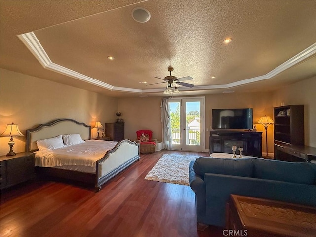 43097 Calle Camellia, Temecula, CA 92592 - bedroom featuring a tray ceiling, access to exterior, wood finished floors, a textured ceiling, and recessed lighting