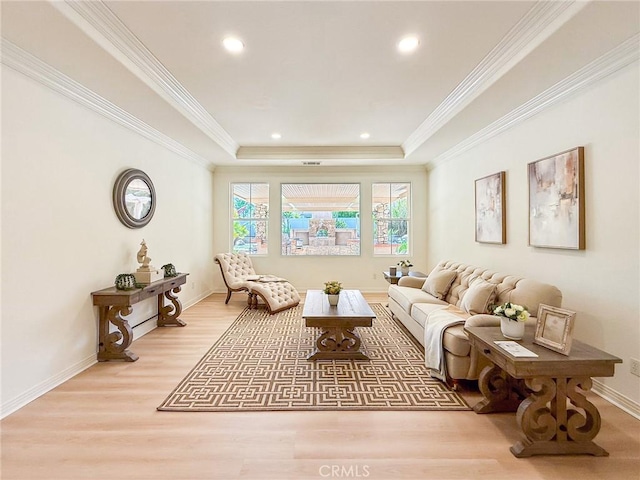 43097 Calle Camellia, Temecula, CA 92592 - living area with wood finished floors, crown molding, a tray ceiling, and recessed lighting