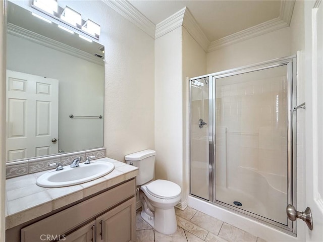 43097 Calle Camellia, Temecula, CA 92592 - full bath with ornamental molding, a shower stall, vanity, and tile patterned flooring