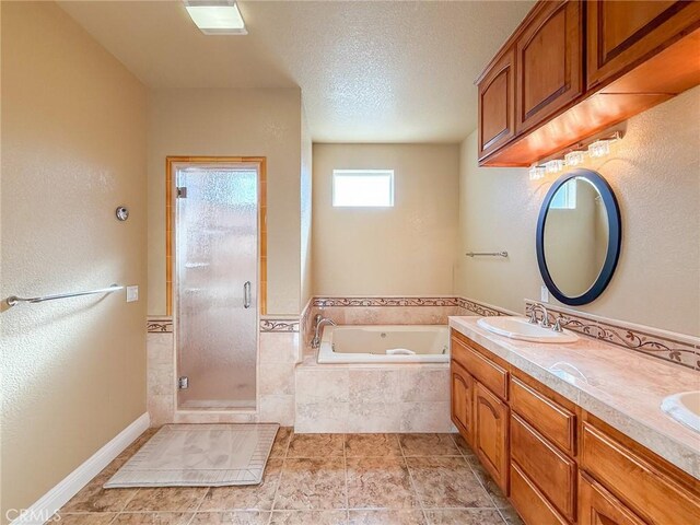 43097 Calle Camellia, Temecula, CA 92592 - bathroom with a bath, a shower stall, double vanity, a textured ceiling, and tile patterned floors