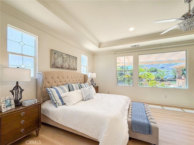43097 Calle Camellia, Temecula, CA 92592 - bedroom with ornamental molding, wood finished floors, recessed lighting, and a tray ceiling