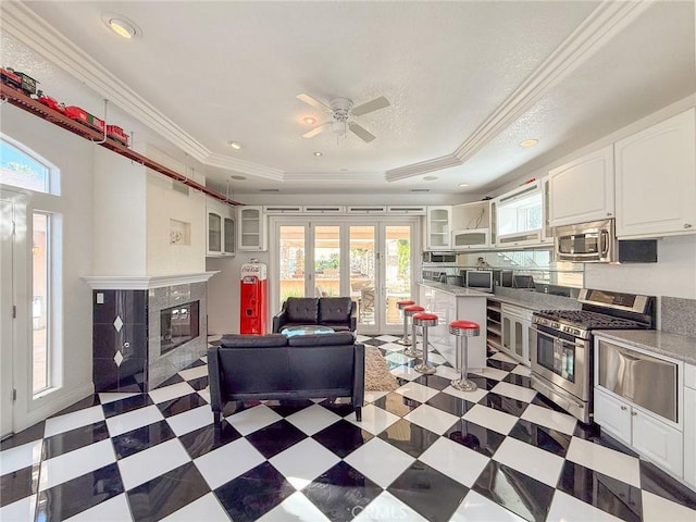 43097 Calle Camellia, Temecula, CA 92592 - kitchen featuring appliances with stainless steel finishes, a raised ceiling, a ceiling fan, a warming drawer, and a fireplace