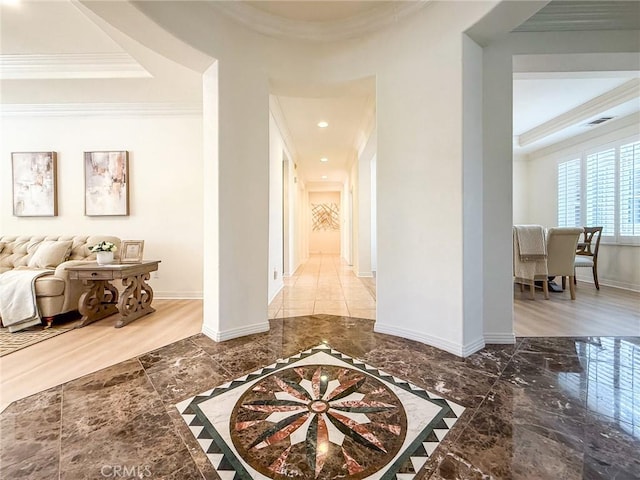 43097 Calle Camellia, Temecula, CA 92592 - hallway featuring marble tiled floors, ornamental molding, recessed lighting, and a tray ceiling