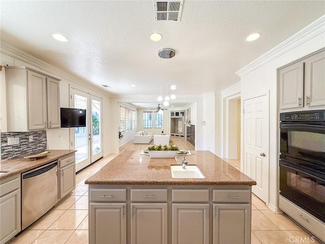 43097 Calle Camellia, Temecula, CA 92592 - kitchen featuring stainless steel dishwasher, gray cabinetry, crown molding, backsplash, and light tile patterned flooring