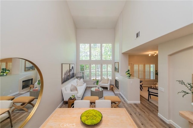 5 Bretagne, Newport Coast, CA 92657 - living area featuring a glass covered fireplace, a high ceiling, and light wood finished floors