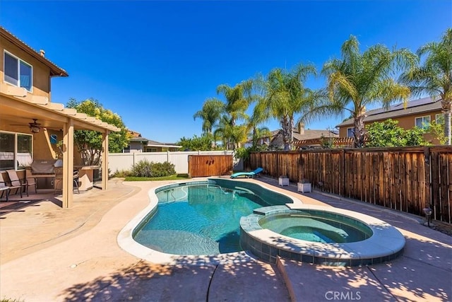 31578 Waterfall Way, Murrieta, CA 92563 - view of pool featuring a patio, a pool with connected hot tub, a fenced backyard, and a ceiling fan