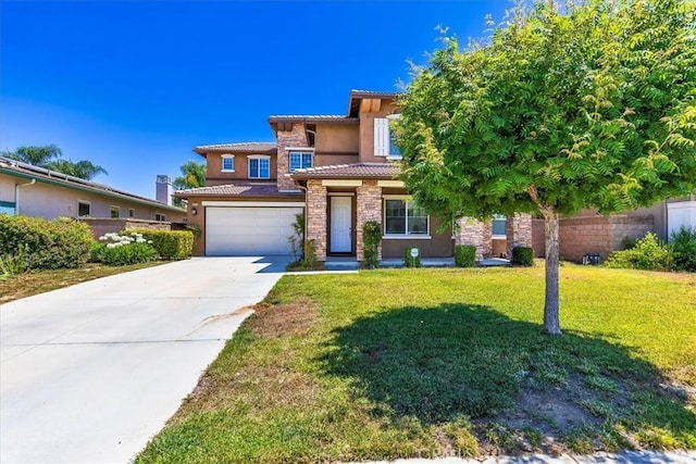 31578 Waterfall Way, Murrieta, CA 92563 - view of front of home featuring a tiled roof, a garage, driveway, stucco siding, and stone siding