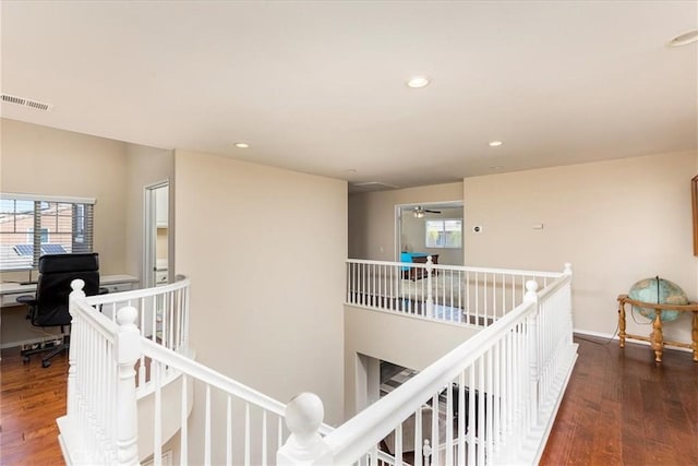 31578 Waterfall Way, Murrieta, CA 92563 - hall featuring an upstairs landing, wood finished floors, a desk, and recessed lighting