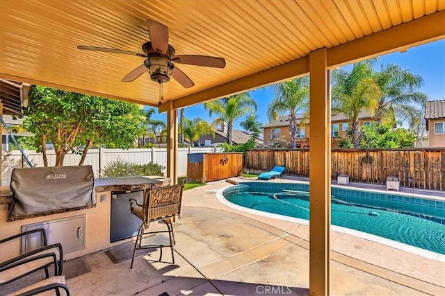 31578 Waterfall Way, Murrieta, CA 92563 - view of swimming pool featuring area for grilling, a fenced backyard, a patio area, and ceiling fan