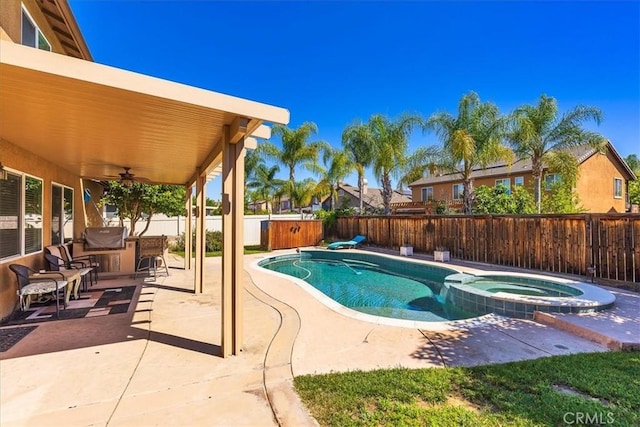 31578 Waterfall Way, Murrieta, CA 92563 - view of pool featuring a ceiling fan, a fenced backyard, a patio area, and a pool with connected hot tub