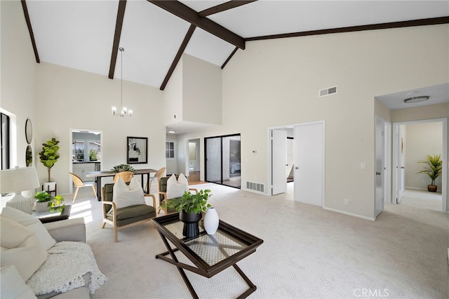 1061 Regis Way, Tustin, CA 92780 - living room with a chandelier, high vaulted ceiling, light carpet, and beam ceiling