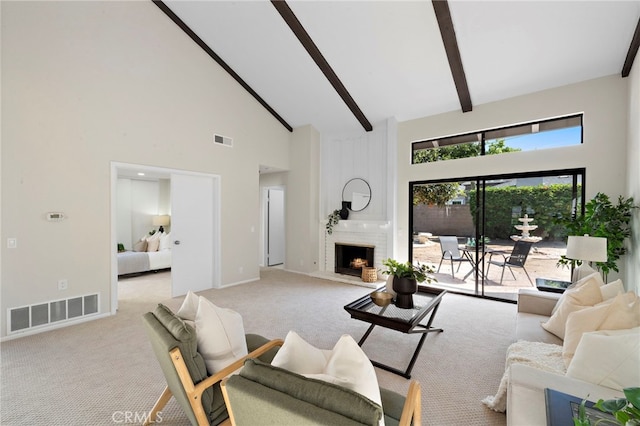 1061 Regis Way, Tustin, CA 92780 - living room with high vaulted ceiling, beam ceiling, carpet floors, and a large fireplace