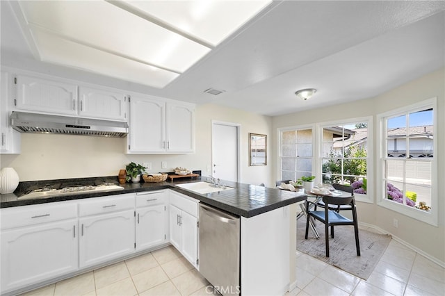 1061 Regis Way, Tustin, CA 92780 - kitchen with appliances with stainless steel finishes, dark countertops, ventilation hood, a peninsula, and white cabinetry