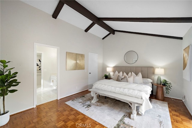 1061 Regis Way, Tustin, CA 92780 - bedroom featuring beam ceiling, high vaulted ceiling, and connected bathroom