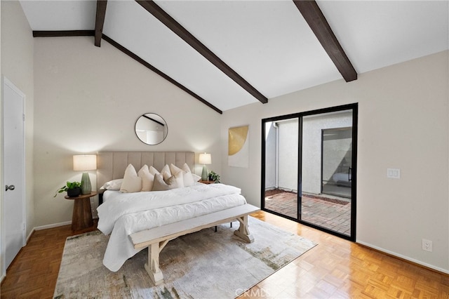 1061 Regis Way, Tustin, CA 92780 - bedroom with access to outside, beam ceiling, and high vaulted ceiling