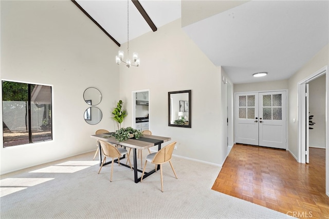 1061 Regis Way, Tustin, CA 92780 - dining room featuring a chandelier, high vaulted ceiling, beamed ceiling, and french doors