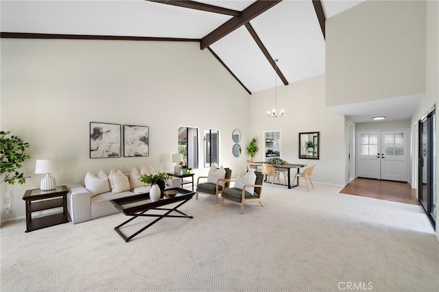 1061 Regis Way, Tustin, CA 92780 - living room with carpet, high vaulted ceiling, a chandelier, french doors, and beamed ceiling