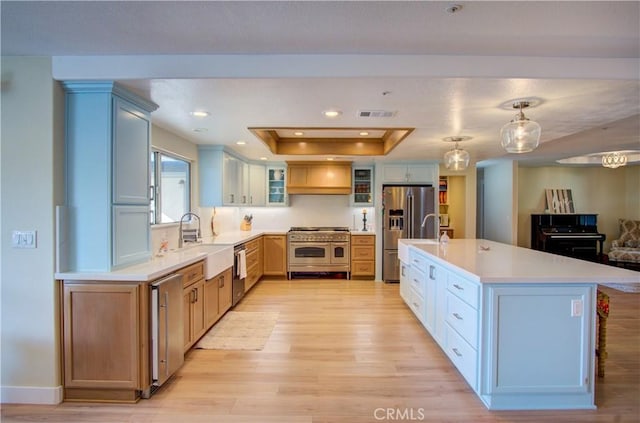 43350 Dunlap, Banning, CA 92220 - kitchen featuring high quality appliances, a raised ceiling, light countertops, and light wood finished floors