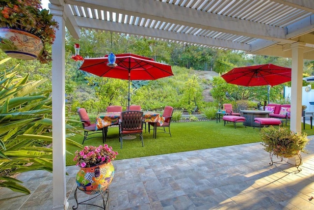 12395 Filera Rd, San Diego, CA 92128 - view of patio / terrace with a pergola, outdoor dining space, and outdoor lounge area