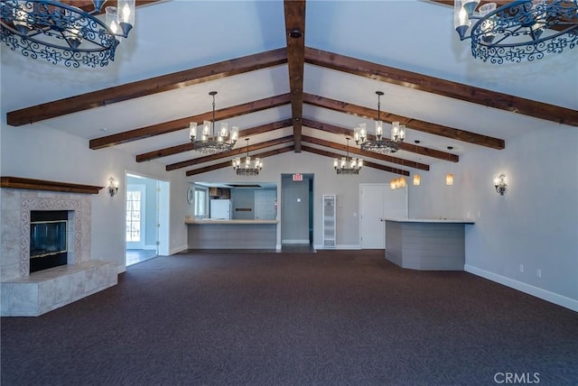 4368 Manchester Ct, Santa Maria, CA 93455 - unfurnished living room featuring a chandelier, carpet floors, and a tile fireplace