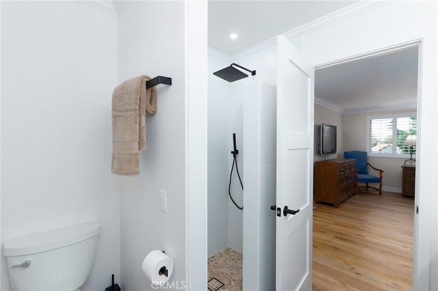 4368 Manchester Ct, Santa Maria, CA 93455 - bathroom with a stall shower, crown molding, and wood finished floors