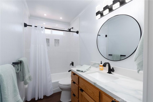 4368 Manchester Ct, Santa Maria, CA 93455 - bathroom with crown molding, vanity, shower / tub combo with curtain, and wood finished floors