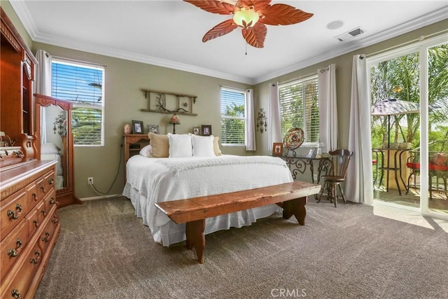 22760 Shadygrove Ct, Wildomar, CA 92595 - bedroom featuring access to exterior, carpet flooring, crown molding, and a ceiling fan