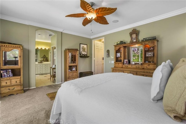 22760 Shadygrove Ct, Wildomar, CA 92595 - bedroom with ornamental molding, carpet floors, ensuite bath, and ceiling fan