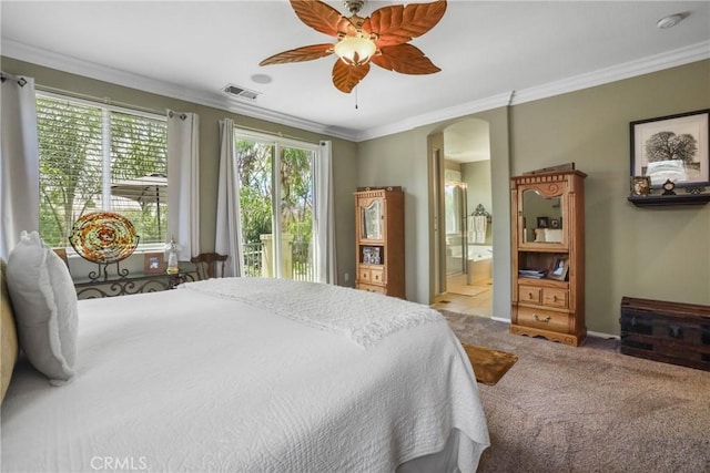 22760 Shadygrove Ct, Wildomar, CA 92595 - bedroom with arched walkways, carpet flooring, crown molding, ensuite bath, and a ceiling fan