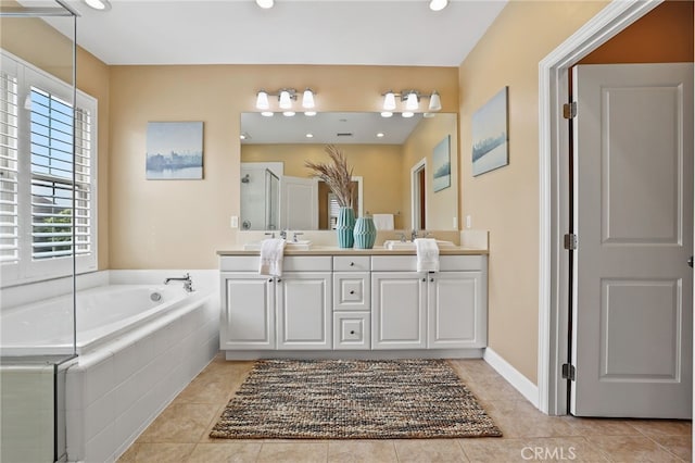 54 Sycamore Bnd, Irvine, CA 92620 - full bath featuring double vanity, a bath, a shower stall, tile patterned floors, and recessed lighting