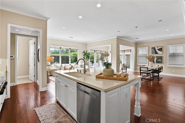 54 Sycamore Bnd, Irvine, CA 92620 - kitchen with dishwasher, open floor plan, white cabinets, dark wood-type flooring, and crown molding