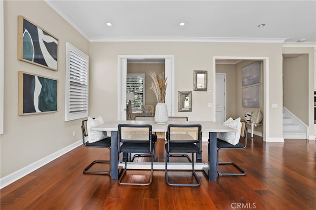 54 Sycamore Bnd, Irvine, CA 92620 - dining space with ornamental molding, dark wood-style floors, stairway, and recessed lighting