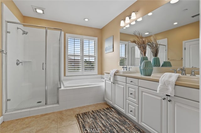54 Sycamore Bnd, Irvine, CA 92620 - full bathroom with double vanity, a shower stall, a bath, and recessed lighting
