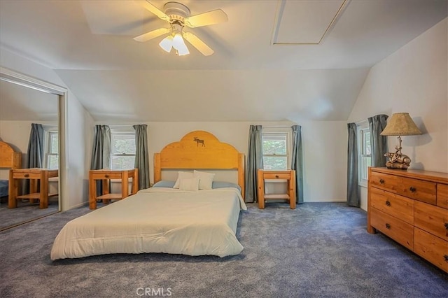 25837 Sunset Loop, Twin Peaks, CA 92391 - bedroom featuring lofted ceiling, carpet, multiple windows, and a ceiling fan
