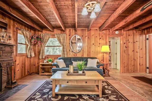 25837 Sunset Loop, Twin Peaks, CA 92391 - living area featuring a wood ceiling with exposed beams, wood walls, wood-type flooring, and a stone fireplace