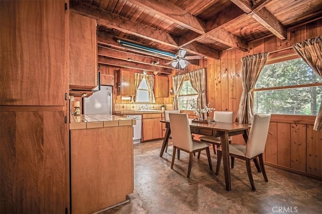 25837 Sunset Loop, Twin Peaks, CA 92391 - dining room with a wood ceiling with exposed beams, wooden walls, and a ceiling fan