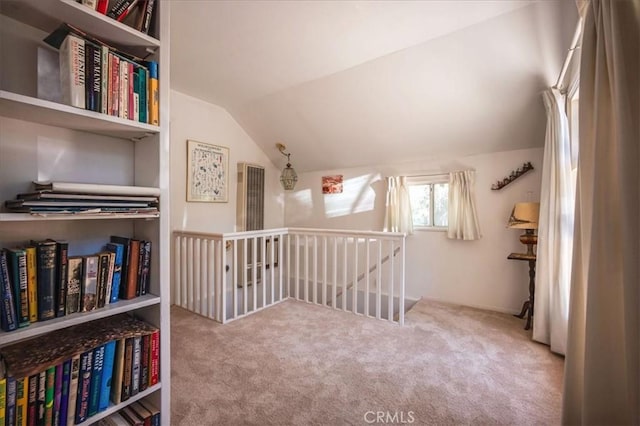 25837 Sunset Loop, Twin Peaks, CA 92391 - living area featuring an upstairs landing, vaulted ceiling, and carpet