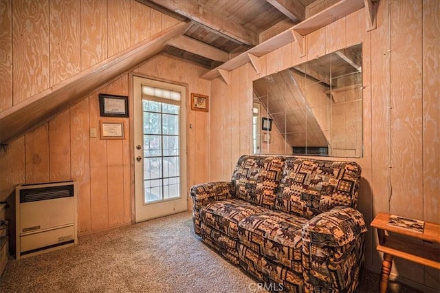 25837 Sunset Loop, Twin Peaks, CA 92391 - sitting room with wooden walls, heating unit, wooden ceiling, and carpet
