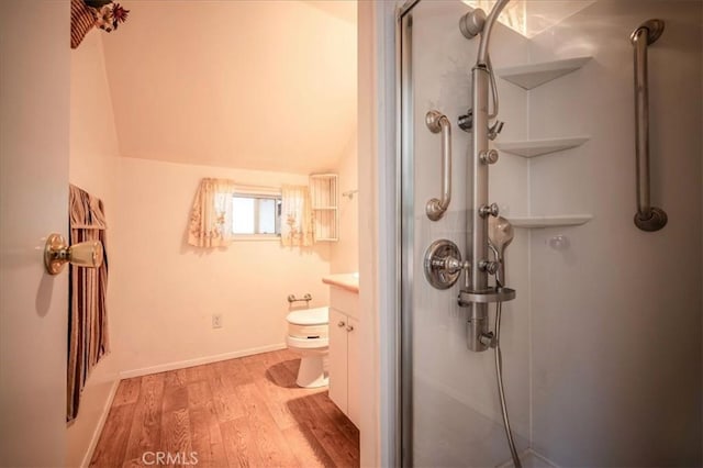 25837 Sunset Loop, Twin Peaks, CA 92391 - bathroom featuring wood finished floors, a shower stall, and vanity