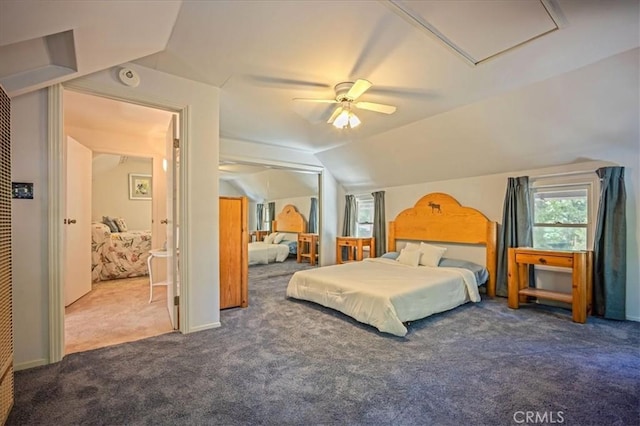 25837 Sunset Loop, Twin Peaks, CA 92391 - carpeted bedroom with lofted ceiling and a ceiling fan