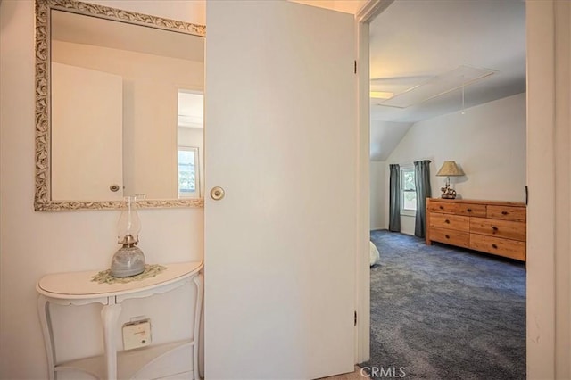 25837 Sunset Loop, Twin Peaks, CA 92391 - hallway with attic access, carpet flooring, healthy amount of natural light, and vaulted ceiling
