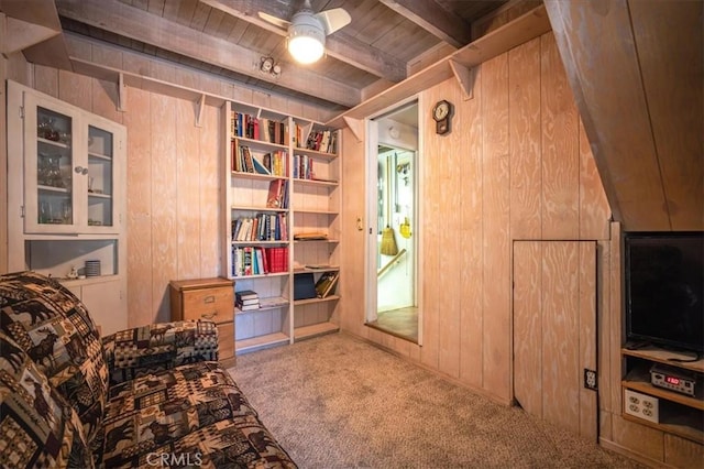 25837 Sunset Loop, Twin Peaks, CA 92391 - sitting room featuring wood walls, carpet flooring, a wood ceiling with exposed beams, and ceiling fan