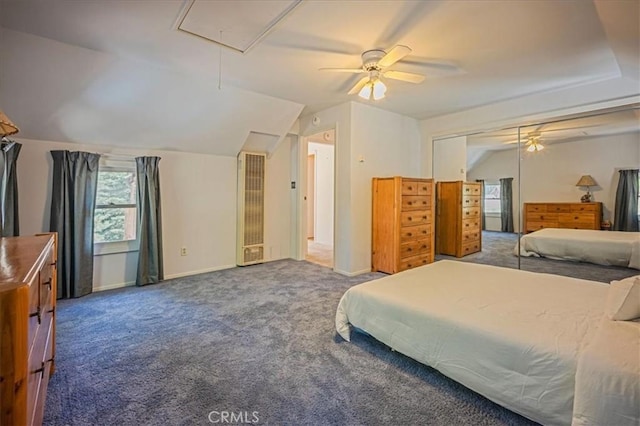 25837 Sunset Loop, Twin Peaks, CA 92391 - bedroom featuring attic access, carpet flooring, lofted ceiling, a heating unit, and a ceiling fan