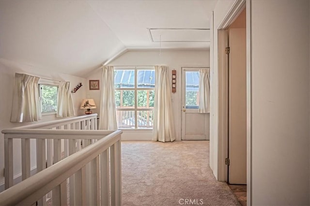 25837 Sunset Loop, Twin Peaks, CA 92391 - hallway with lofted ceiling, attic access, and carpet flooring