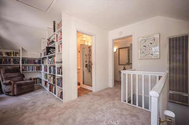25837 Sunset Loop, Twin Peaks, CA 92391 - sitting room featuring a heating unit, carpet flooring, and an upstairs landing