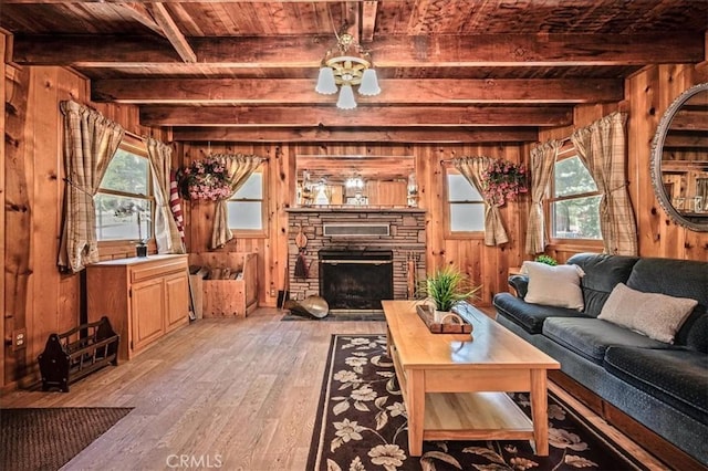 25837 Sunset Loop, Twin Peaks, CA 92391 - living area featuring wooden walls, a wood ceiling with exposed beams, light wood-style floors, healthy amount of natural light, and a fireplace