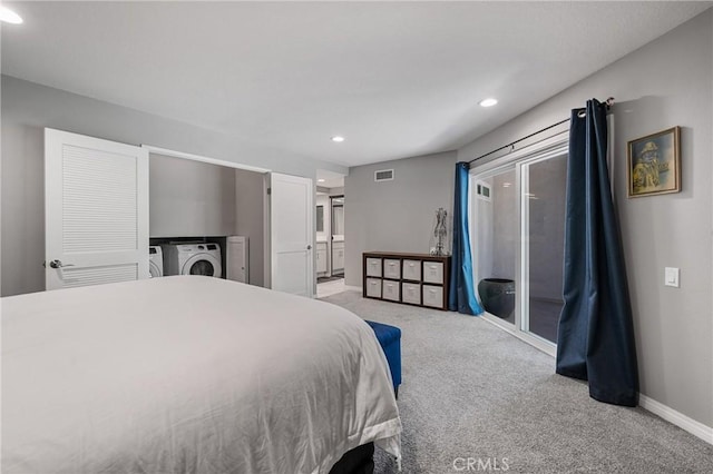 222 N Singingwood St Unit 9, Orange, CA 92869 - bedroom with separate washer and dryer, carpet, recessed lighting, access to exterior, and ensuite bathroom